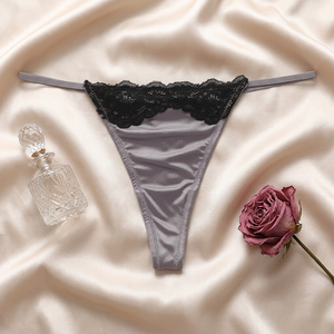 Vente en gros de strings en satin pour femmes, noirs, avec bordure en dentelle florale, fines bretelles, taille basse, sous-vêtements de sport et yoga, culottes sexy pour femmes - Product Image 3