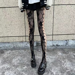 Sexy Hollowed Out Fishnet Stockings Black Rose Pattern Sheer Nylon Women's Pantyhose Youth Style Regular Casual Socks - Product Image 1