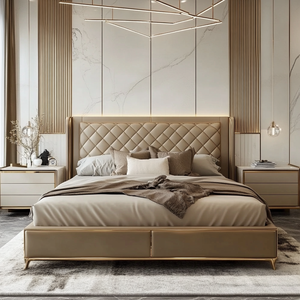 Vente <span class=keywords><strong>Lit</strong></span> plateforme moderne <span class=keywords><strong>futuriste</strong></span> avec lumière LED Tables de chevet flottantes <span class=keywords><strong>Lit</strong></span> double en tissu rembourré King Queen - Product Image 1