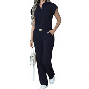 Women's Gray 2-Piece Casual Set Short Sleeve Polo Top Wide Leg Pants Breathable Woven Polyester/Cotton Pocket High Quality - Product Image 5