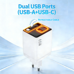 Chargeur rapide GaN 65W à 3 ports avec câble rétractable, chargeur mural portable PD QC 3.0 pour iPhone, ordinateur portable - Product Image 1