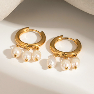 18k Gold Stainless Steel Hoop Earrings With Three White Freshwater Pearls Everyday Wear - Product Image 4