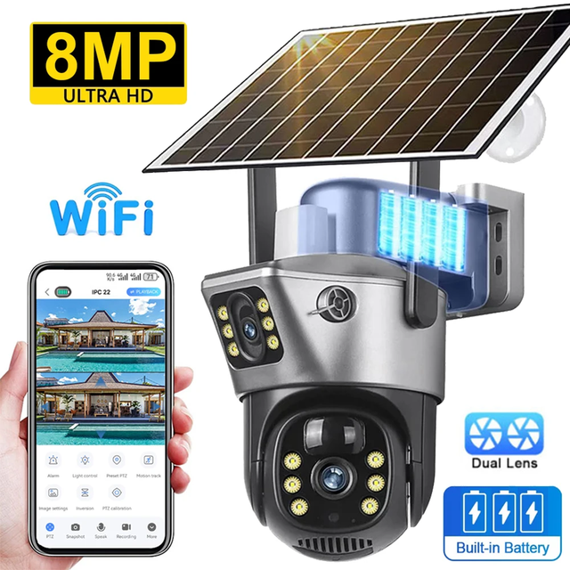 Outdoor 4G / WiFi Solar Camera Dual Lens Outdoor 8MP 4K Low Power Battery IP Camera PIR Night Vision V380 Pro CCTV Security