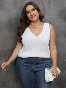 <span class=keywords><strong>Pull</strong></span> en maille blanc à dos croisé et col en V surdimensionné pour femmes, taille plus, sexy, débardeur en maille pour femme, fabriqué en usine - Product Image 2
