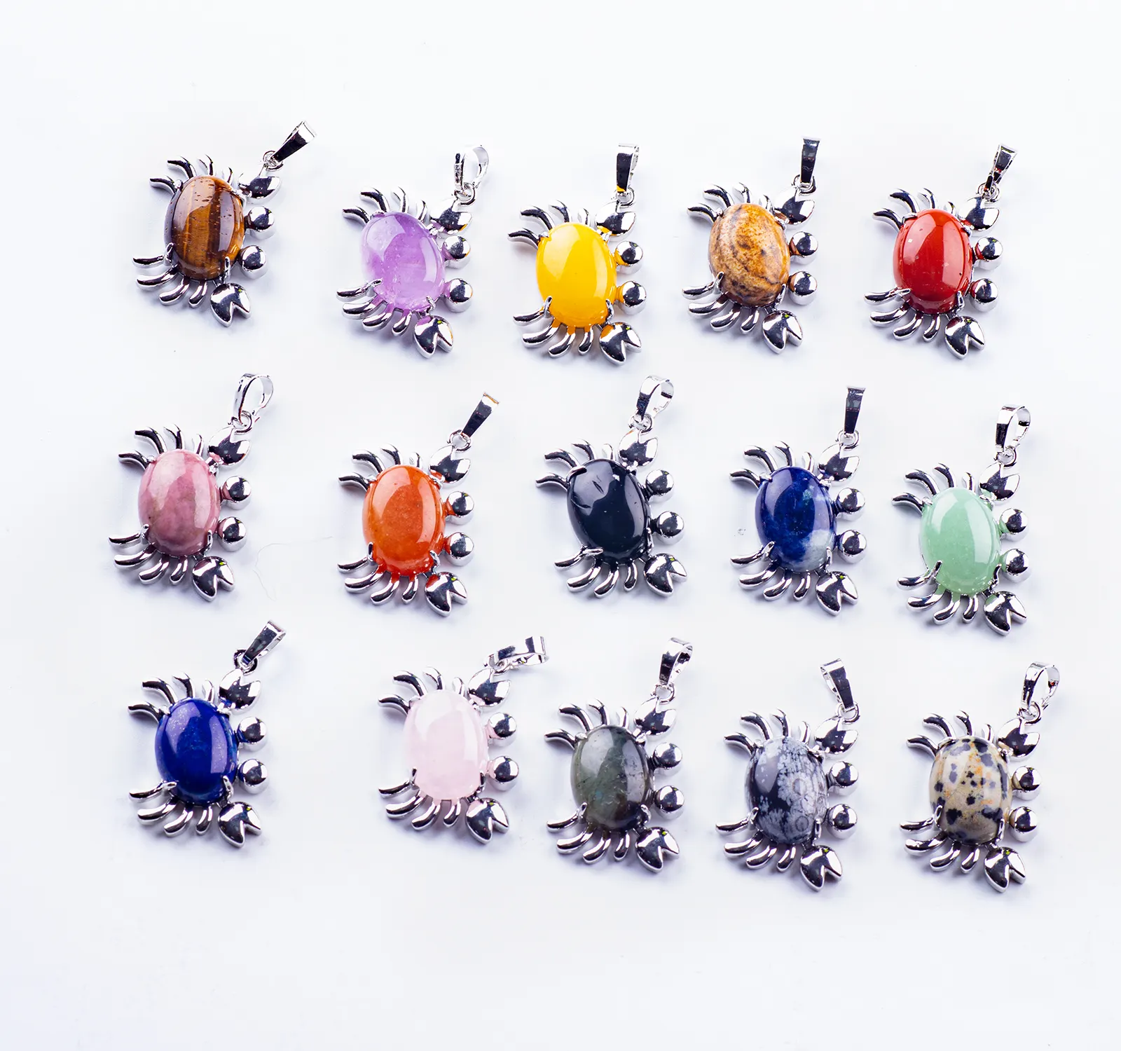Natural Stone Crab Crystal Pendant Necklace Cabochon Crystal Beads Cute Ocean Animal Necklaces Jewelry for Girl Women Men