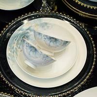 Service de table en porcelaine fine bleue, motif floral teinté à l'encre, avec bol et assiette, résistant à la haute température et au glaçure, pour la maison