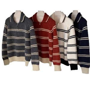 Suéter de punto a rayas con cuello medio cremallera, talla única, estilo coreano, ropa informal de moda para otoño e invierno para mujer - Product Image 5