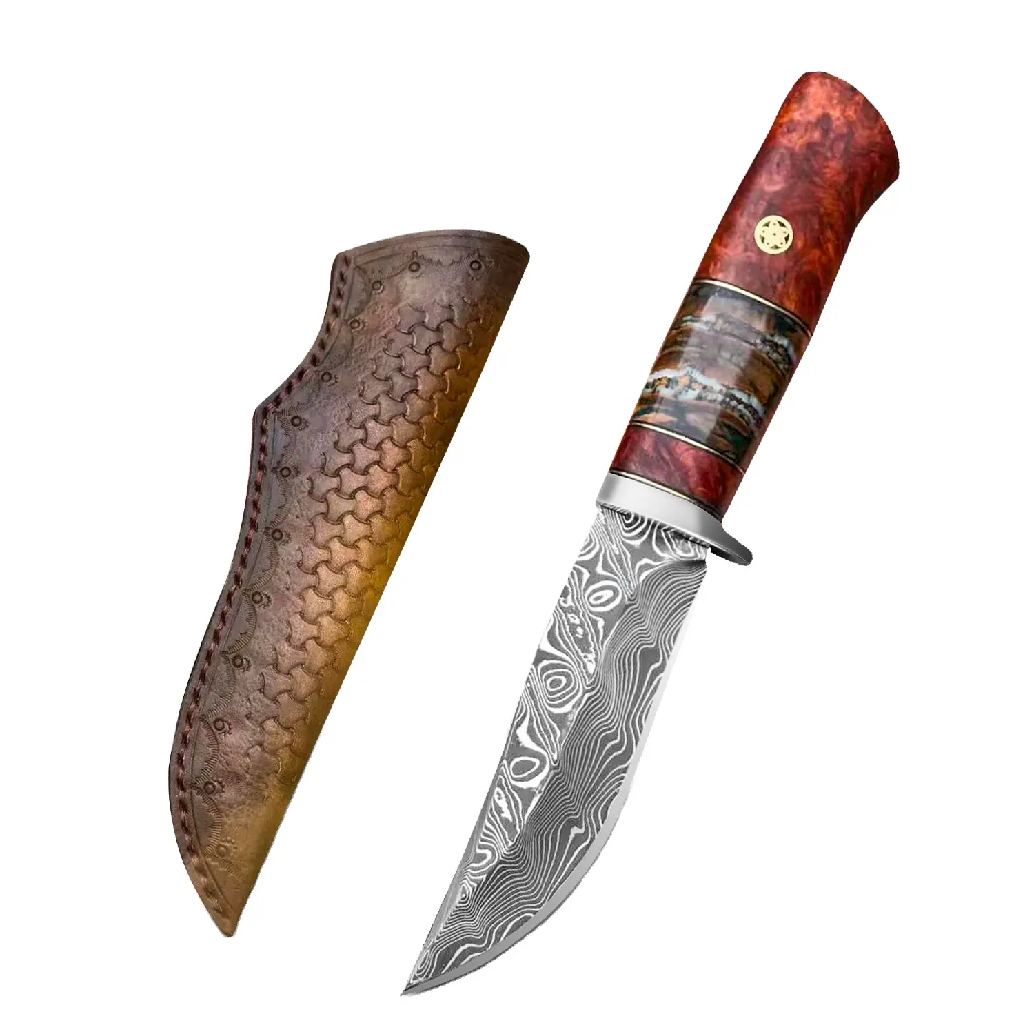 Coltello in acciaio damasco di alta qualità con lama fissa in acciaio mammut fossile VG10 coltelli Bowie con guaina coltello da caccia di sopravvivenza all'aperto