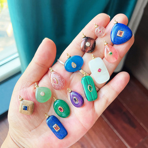 Европейский американский популярный арбуз кристалл порошок лазурит Малахитовый синий Агат черный нефрит кулон позолоченный - Product Image 4