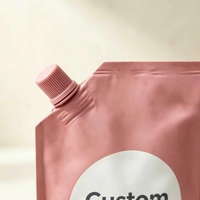Pochettes souples roses mates avec bec verseur, qualité alimentaire, zone personnalisable pour logo, emballages liquides en gros pour lait, jus, sauces, lotions, détergents