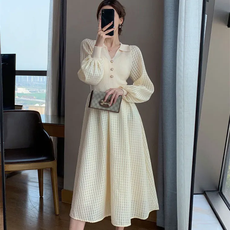 Summer knitted sexy slimming hip dress waist slimming solid color dress V-neck long-sleeved knitted dress for women