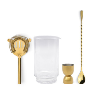 Bar Tool <b>Set</b> Jigger Strainer Spoon Glass Gold <b>Cocktail</b> <b>Mixing</b> Kit - Product Image 1