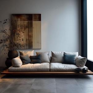 Sofá de Madera Maciza de Pino con Estructura de Mortaja y Espiga, Tapicería de Tela, Estilo Minimalista para Recepción de Hotel - Product Image 4