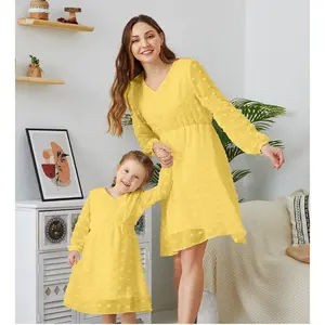 Vestido de gasa a juego para madre e hija, manga larga, cuello en V, bonito vestido con cintura elástica, trajes familiares