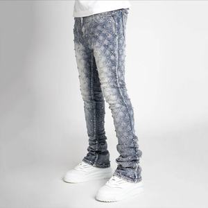 Jeans de Mezclilla Ajustados de Cintura Alta para Hombre, Estilo Cargo, con Adornos de Diamantes y Acabado Deslavado, Venta al por Mayor - Product Image 3