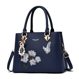 Wholesale Navy Blue Embroidered Floral Office Large Designs Tote Shoulder Handbags For Women