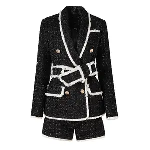 Vintage Elegant Style Two Piece Sets Ladies Office Quality Textured Women Double-breasted Blazers Shorts Colorblock Tweed Suits