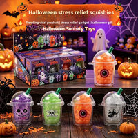 Jouet Squishy Halloween en forme de tasse à Bubble Tea, avec corps de tasse transparent, couvercle en dôme, double remplissage de billes et de gel, à pétrir pour le soulagement