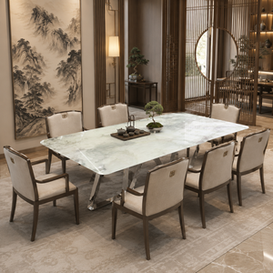 Customized Luxury Grey & Blue <b>Marble</b> Dining <b>Table</b> Rechtangel <b>Top</b> Modern Custom Design Villa 8~10 Seater - Product Image 5