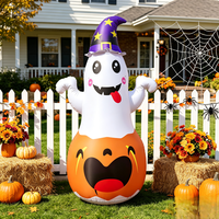 Décoration de jardin d'Halloween gonflable : Fantôme mignon assis sur une citrouille avec chapeau de sorcier et éclairage LED