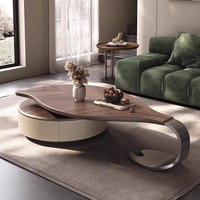 Mesa de Centro de Diseño Moderno para Sala de Estar, Estilo Lujoso, Forma Especial de Hoja, Chapa de Nogal