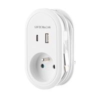 Adaptateur de voyage européen Pheiyon avec multiprise française 16A, câble de charge USB 1A+1C de 0,6m, prises multiples ODM