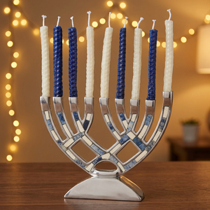 Traditional Hanukkah Menorah Metal Candle Holder <b>Blue</b> White Inlay Design Event Decor - Product Image 3