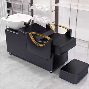 Sillón de Lavado de Cabello Reclinable de Cuero PU Negro con Lavabo de Cerámica y Reposapiés Extraíble - Product Image 2