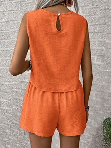 Ensemble deux pièces personnalisé pour femme : haut et short en coton tissé uni, col rond brodé, style décontracté - Product Image 5