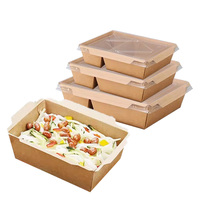 Boîte à lunch en papier kraft jetable, bol en papier rectangulaire, boîte à repas légère, boîte à lunch avec couvercle transparent