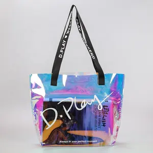 Waterproof beach clear holographic iridescent PVC shopping tote bag for cosmetics