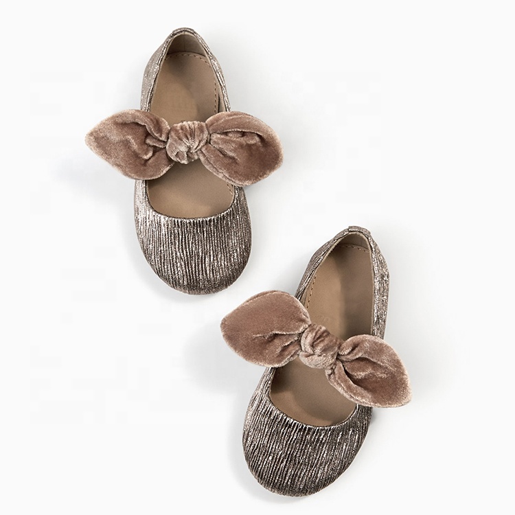 High Quality Genuine Leather Mary Jane Shoes Bow knot Velvet Children's Metallic Dress Shoes For Girls