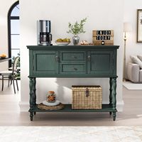 Table console en bois avec 2 tiroirs et 2 armoires à portes, rangement ouvert, étroite, longue, pour salon, hall d'entrée, couloir, vert non éclairé