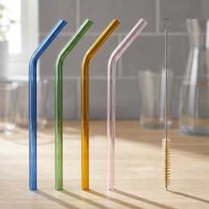 Metal <b>Drinking</b> <b>Straws</b> Set of 4 Reusable Bendable <b>Straws</b> with Cleaning Brush in Blue Green Gold Pink Modern Bar Accessories - Product Image 6