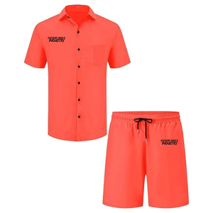 Ensemble deux pièces décontracté pour homme, col tailleur, manches courtes, couleur unie, tissage respirant, idéal pour l'été - Product Image 1