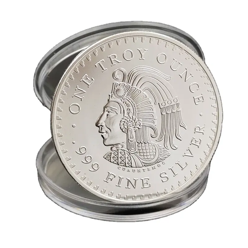 थोक कस्टम 1 ऑउंस 999 फाइन सिल्वर डबल साइड उभरा हुआ धातु स्मारक माया मैक्सिकन सिक्का एरिलिक केस के साथ