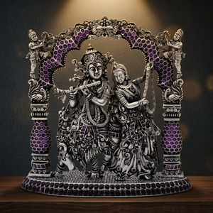Statue religieuse Radha Krishna en argent pur avec pierres violettes vives, sculpture traditionnelle hindoue pour la décoration de temple ou de maison - Product Image 6