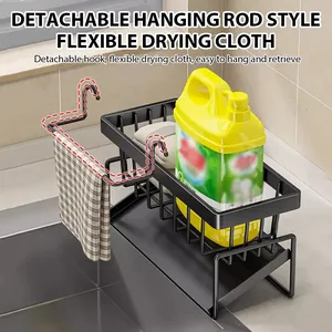 Étagère de rangement pour évier en ABS à double niveau avec barre porte-serviettes pour éponge et brosse, étagère de rangement pour <span class=keywords><strong>cuisine</strong></span> - Product Image 4