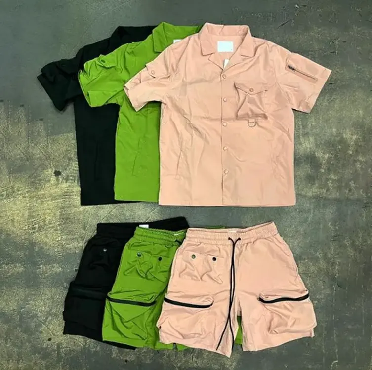 Custom Tweedelige Windjack Korte Jas Set Cargo Ritssluiting Nylon Polyester Streetwear Trainingspak Heren Windjack Korte Set