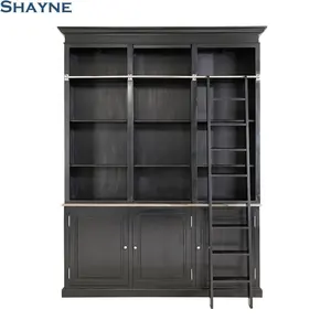 Shayne Luxury Customize ODM American Antique Solid Birch Black Storage Cabinet Design With Wooden Ladder Library Bookcase