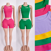 Ensemble deux pièces côtelé : débardeur court et short, avec logo brodé personnalisé, en maille, pour femme, tenue décontractée