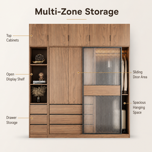 Armoire à portes coulissantes en bois naturel fini, style nordique, pour chambre à coucher, petit appartement, combinaison de placards coulissants en verre - Product Image 3