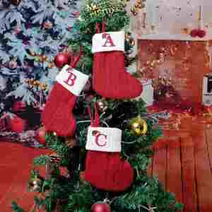 2026 New Arrival Red Polyester Knitted Christmas <b>Stocking</b> Embroidered <b>Letter</b> Xmas Tree Hanging Ornament Soft Cozy Cable Knit - Product Image 1