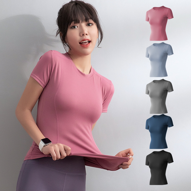Internet Popular Tight Body-Slimming Sweat-Wicking Stretch Short-Sleeved Spandex/Polyester T-Shirt Gym Running Yoga Clothes Top