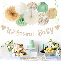 Décorations de fête de bienvenue pour bébé en vert sauge et blanc - Lanternes en papier, guirlandes, bannière, pompons en papier, fleurs, éventails, guirlande