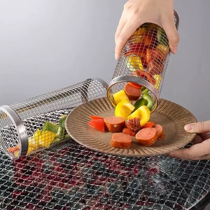 Pique-nique en plein air 304 outil de barbecue en acier inoxydable gril cylindrique filet de barbecue panier avec crochet fourchette accessoires de pique-nique - Product Image 5