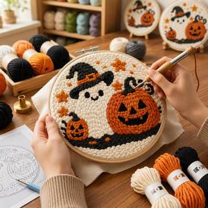 Needlework <b>Set</b> Pumpkin Punch Needle Diy With Hoop Yarn Halloween Ghost Embroidery <b>Craft</b> Kit - Product Image 1