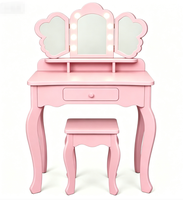 Ensemble de coiffeuse pour enfants en bois rose avec tabouret, miroir à lumière LED, 1 tiroir et étagères pour filles