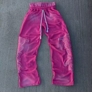 Pantalons de jogging pour hommes surdimensionnés à taille élastique, imprimés à l'écran personnalisés, avec strass, jambes larges, effet délavé au soleil, vente en gros - Product Image 3