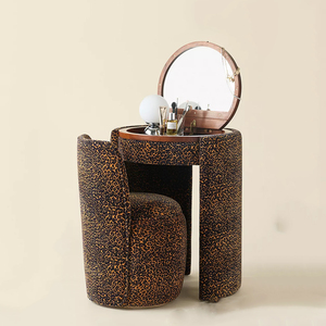 Set Toeletta Vintage <span class=keywords><strong>Nora</strong></span> in Velluto Leopardato con Specchio Rotondo Ribaltabile e Sgabello, Vanity Compatto per Camera da Letto, Disponibile in Vari Colori - Product Image 1